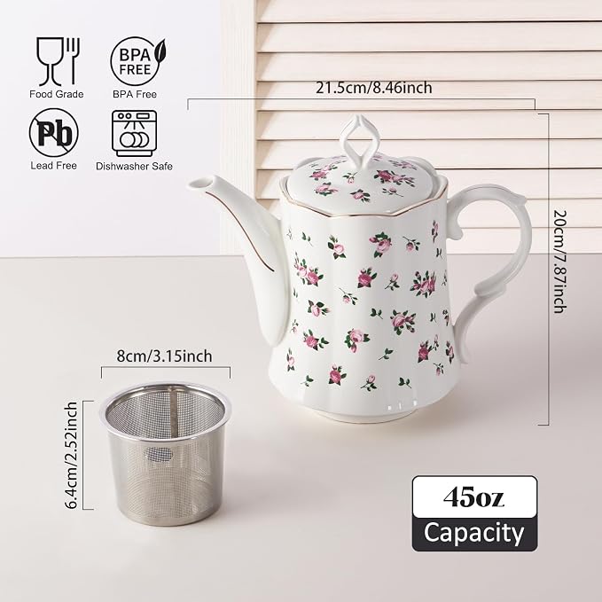 Vintage Floral Tea Pot with Infuser, 45oz, Ceramic Teapot with Tea Strainers for Loose Leaf Tea, Rose Teapots for Tea Party