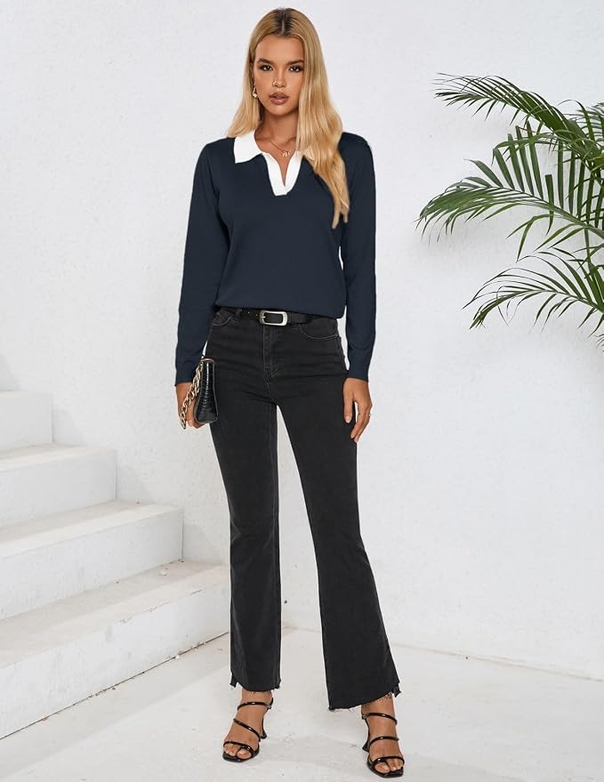 Women's Long Sleeve Classic V Neck Casual Fall Winter Polo Sweater Tops | Basic Collared Knitted Fashion Work Business Formal Daily Wear Versatile Pullover Shirts