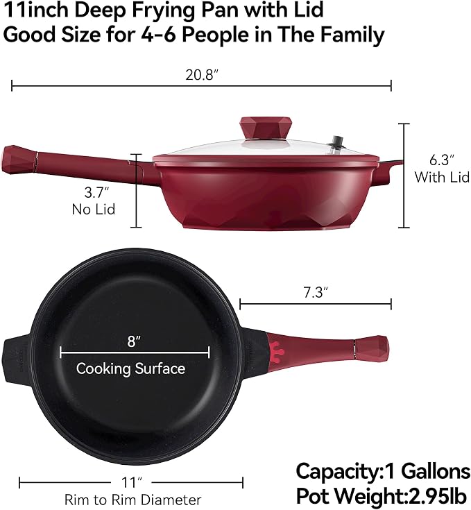 TIBORANG 11 Inch Nonstick Frying Pan with Lid,8-in-1 Multipurpose Cookware | 5 Qt Deep Sauté Pan Skillet with Steamer, PFOA-Free, Dishwasher & Oven Safe, Induction Compatible, Stay-Cool Handle,Ruby Red