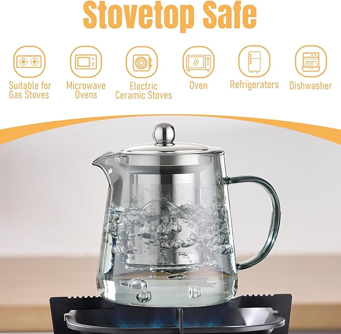 PARACITY Glass Teapot Stovetop 32OZ, Borosilicate Clear Tea Kettle with Removable 18/8 Stainless Steel Infuser, Teapot Blooming and Loose Leaf Tea Maker Tea Brewer (Black, 550ML)