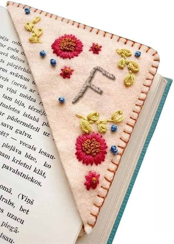 MOTEERLLU Personalized Hand Embroidered Corner Bookmark,Felt Triangle Page Stitched Handmade Bookmark,Unique Cute Flower Letter Embroidery Bookmarks Accessories for Book Lovers(Fall-f)