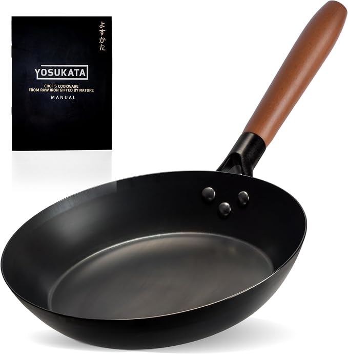 YOSUKATA 10 1/4" Carbon Steel Frying Pan – Non-Toxic Pre-Seasoned Skillet with Removable Wooden Handle – Coating-Free Wok-Style Pan for Gas, Induction, Electric, Oven & Grill BBQ