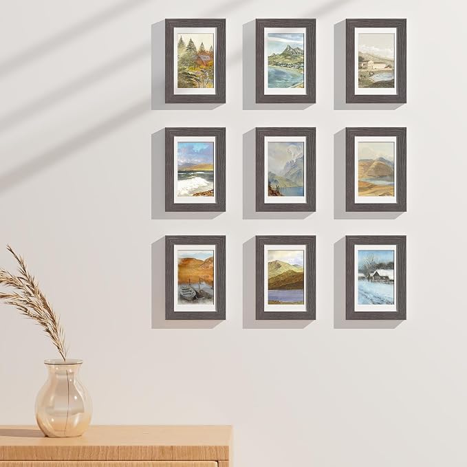 Vittanly 4x6 Picture Frames Set of 9 for Wall & Tabletop Display, Dark Grey | Display Pictures 3.5x5 with Mat or 4x6 without Mat, Small Photo Frames, Engineered Wood with Shatter Resistant Plexiglass