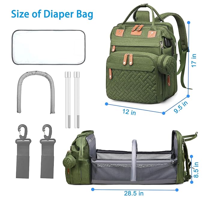 Jeryswet Baby Diaper Bags with Changing Station, Waterproof Large Capacity Diaper Bag Backpack for Moms Dads with USB Charging Port and Stroller Straps, Baby Shower Gifts, Green