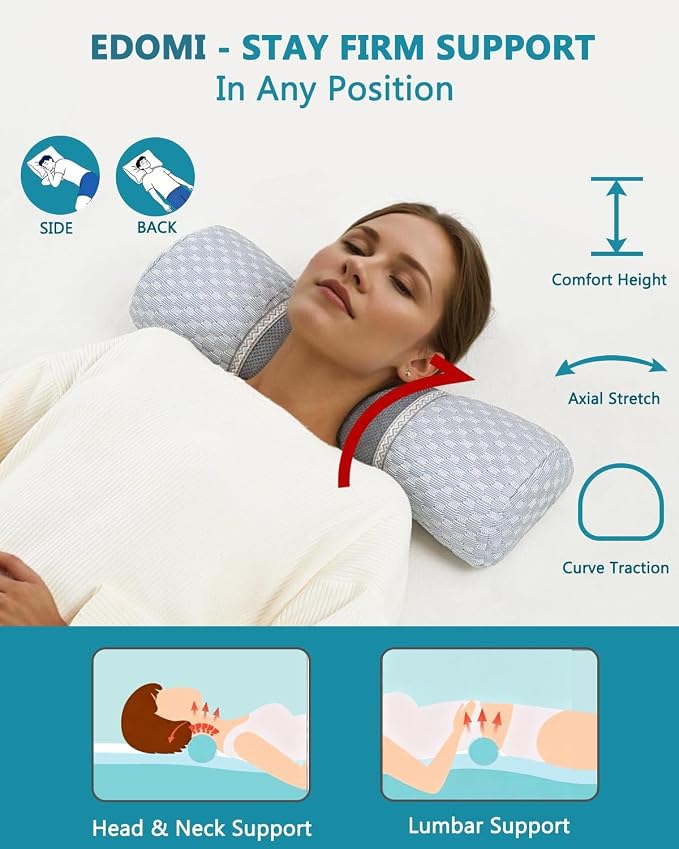 Buckwheat Cervical Pillow for Sleeping, Adjustable Roll Pillow for Neck Relief with Washable Pillowcase, Round Cylinder Bolster for Firm Support, 16.5x4.7 inch (Grey)