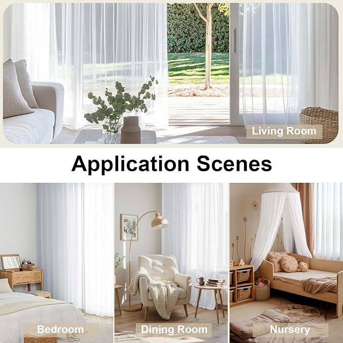 OWENIE Sheer Curtain, 120 Inches Long, White, Rod Pocket, Polyester, 2 Panels, for Living Room and Bedroom