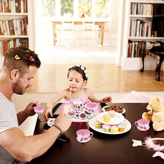 Pink Tea Set for Little Girls,Flower Design Tea Party Set,Princess Tea Time Toys Teapot Dishes Kitchen Pretend Play Tin Tea Party Set for Girls