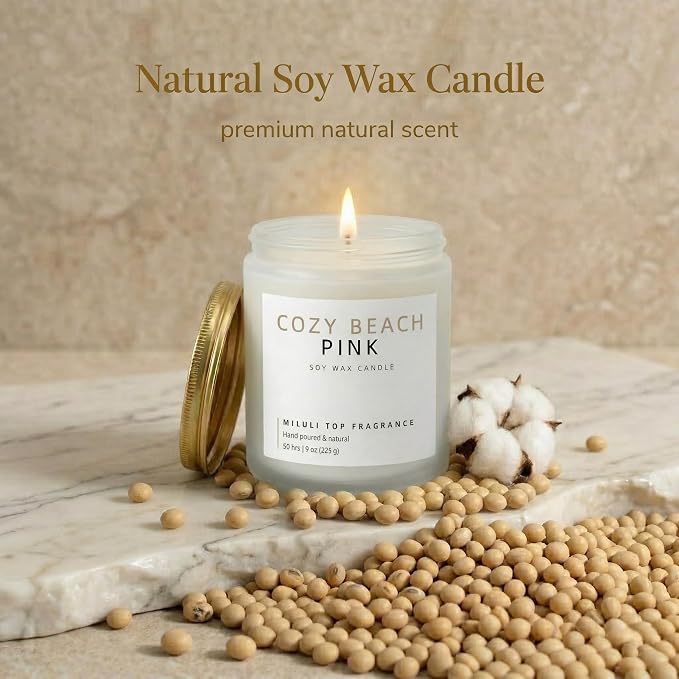 Cozy Beach Pink Scented Candles for Home - 15% Essential Oil Luxury Aromatherapy - Handmade Natural Soy Wax Candle for Women Men Relaxation - 9oz Frosted White Jar, 50H Clean & Non-Toxic Burn