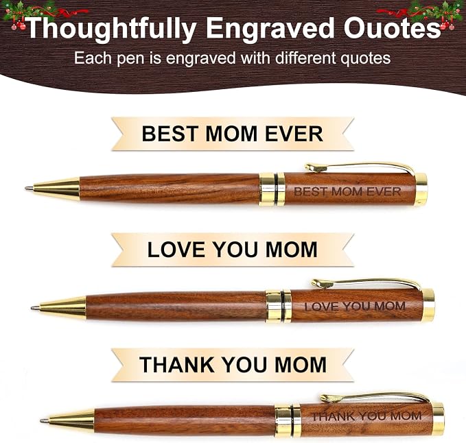 Renawe Cool Wooden Pens with Pen Box Gift for Mom, Mother In Law, Christmas, Mother's Day, Birthday Ideas, Cute Engraved Pens, Unique Presents for New Mom from Daughter Son