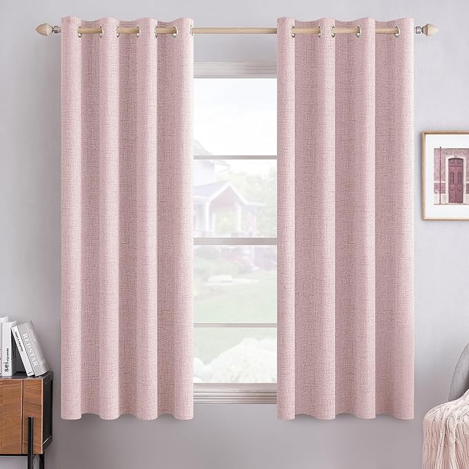 MIULEE Linen Texture Curtains for Bedroom Solid 100% Blackout Thermal Insulated Pink Curtains Grommet Room Darkening Drapes for Living Room 52x45 Inch (2 Panels)