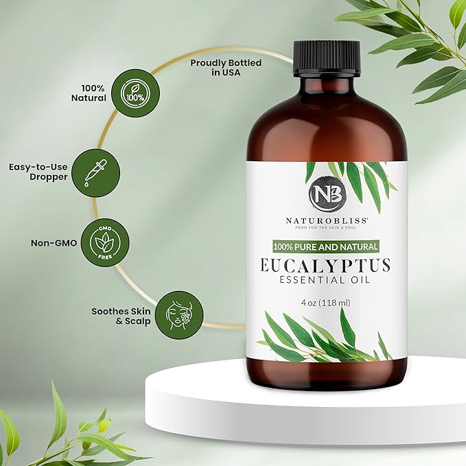 NaturoBliss Essential Oil with Glass Dropper - 100% Pure and Natural - Essential Oils for Diffuser, Aromatherapy, Soap and Candle Making, Eucalyptus Essential Oil, Eucalyptus Oil, 4 Fl Oz