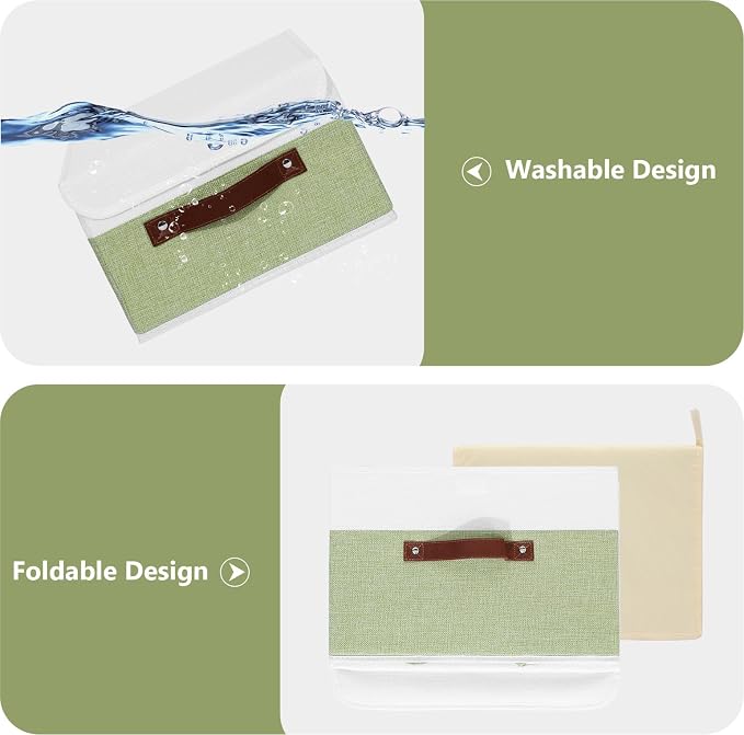 ANMINY Fabric Storage Box Bins with Lids, Green White, 15"x10"x10", 2 Pack | Keepsake Memory Storage, Cotton Linen, PP Board Reinforced, Washable, PU Handles, Foldable & Stackable, Decorative, Large