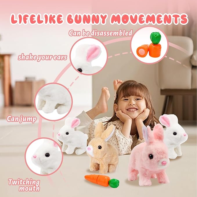 Interactive Hopping Bunny Plush Toy – Walking Stuffed Bunny with Sounds, Wiggling Ears, and Twitching Nose and Educational Toy for Kids