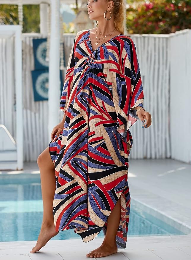 Venasha Womens Caftan Floral Print Kaftan Dress Short Sleeve Swimsuit Cover up Loungewear for Summer