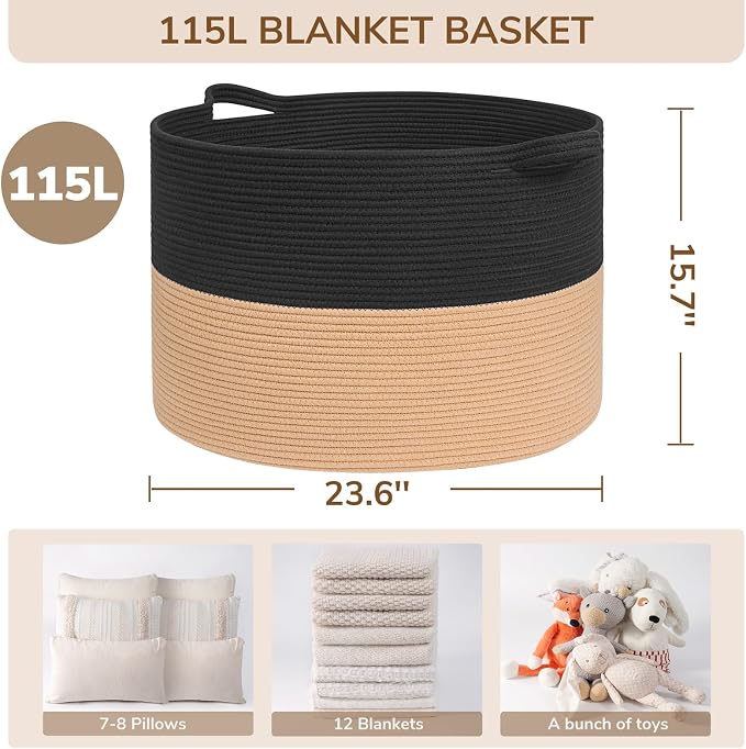 INDRESSME 115L Extra Large Woven Rope Blanket Basket Living Room BlackCamel | 23.6" x 15.7" Storage baskets for toys laundry & pillows. Fits living room, bedroom or nursery décor. Soft-touch with handles