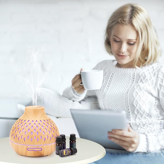 SPLITSKY 400ML Essential Oil Diffuser for Large Room Home,Remote Control Aromatherapy Diffuser with 6 Essential Oils Gift Set,Air Cool Mist Humidifier with 7 Color Changing LED