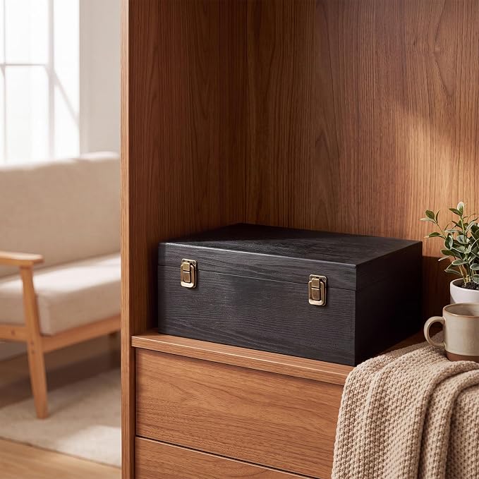 Sliner 1 Pcs Wooden Decorative Storage Boxes with Lids Vintage Wood Organizer Bins for Your Bookshelf Home Decor Safely Store Photos Documents Memory Jewelry Craft Storage (Glossy Black,M Size)