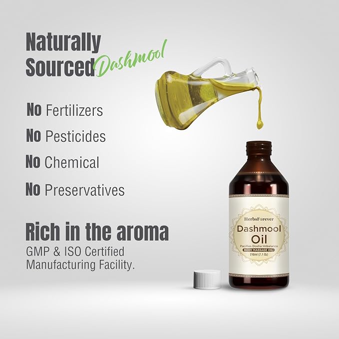 Herbsforever Dashmula Oil-Authentic Ten-Herb Roots Infused in Cold-Pressed Sesame Body Massage Oil | Vata Calming, Pain Relief, Joint Comfort, Muscle Sore, Postpartum Winter Chills|7.1fl oz, 210 ml