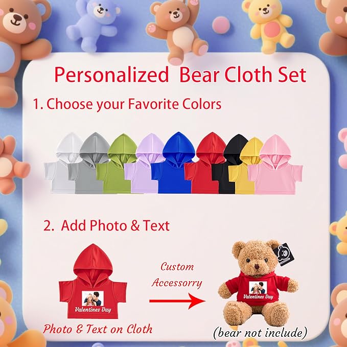 15 Pcs Personalized Teddy Bear Clothes with Name Photo, Custom Stuffed Animal Clothing Fit 8-16inch Stuffed Bears Clothes, Personalized Doll Clothing Make Your Own Plush Doll Shirt