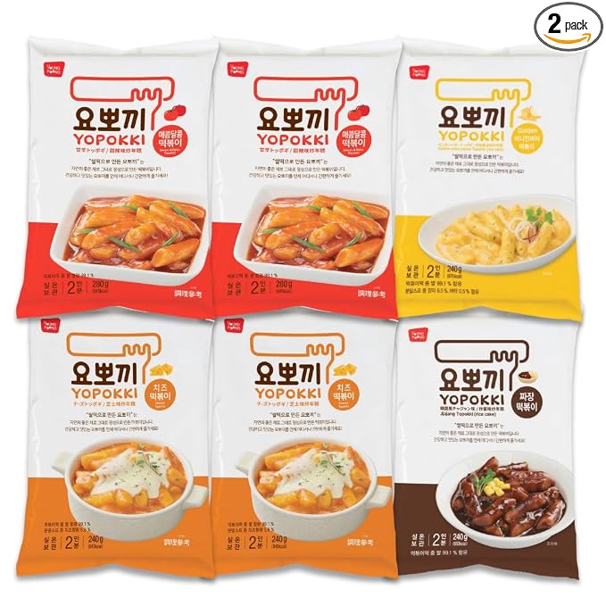 Yopokki Instant Tteokbokki Rice Cakes Korean, Topokki Pack - Great with Cheese and Ramen Noodles, Korean Snacks for College Dorm, Korean Food Meal Kit, Pack of 2 (6 Pack-Combo, 6 Packs)