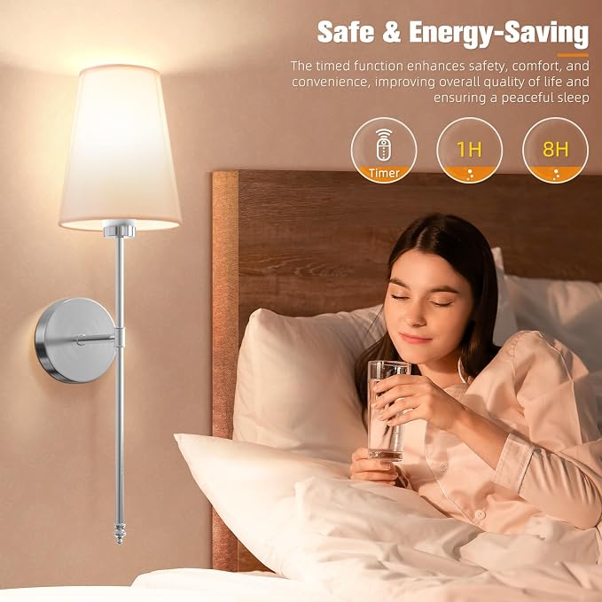 25.4 inch Brushed Nickel Battery Operated Wall Sconce Set of 2,Rechargeable Wall Lights with Dimmable Detachable Bulbs and Remote,9 Colors Wireless Sconces for Bedroom Living Room Hallway