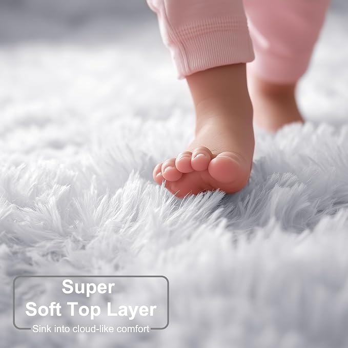 Amdrebio White Area Rugs for Bedroom, Shag Fluffy Bedside Rug for Living Room, Modern Furry Shaggy Throw Rug for Kids Room, Teens, Dorm, Baby Nursery, Cute Fuzzy White Carpet, 3x5 Rug, Home Decor