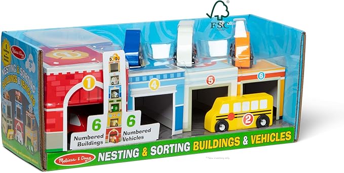 Melissa & Doug Nesting and Sorting Blocks - 6 Buildings, 6 Wooden Vehicles - FSC Certified