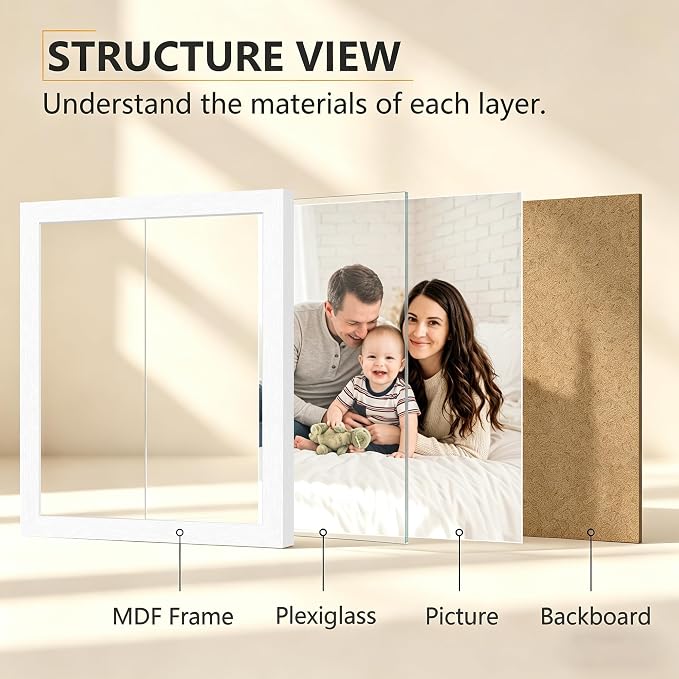 PEALSN 8x10 Picture Frame Set of 6, White Picture Frames with HD Plexiglass,Wall Gallery Photo Frames for Wall Mounting or Tabletop Display, White Woodgrain