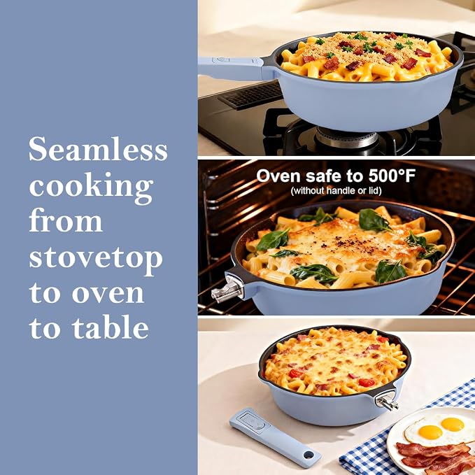 10 Inch Deep Frying Pan Skillet Nonstick with Lid, 4 QT Non Stick Saute Pan, Non Toxic Cookware, Induction Compatible, Detachable Handle, Oven Safe, PTFE & PFAS-Free, Blue