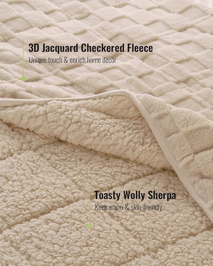 Uttermara Blankets for Adults Queen Size, 20lbs 60x80 inches Blanket with Soft Warm Plush Jacquard Sherpa, Washable Thick Throw, Khaki