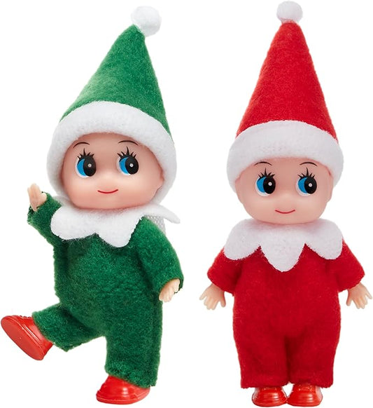 JOYIN 2PCS Christmas Elf Plush Doll, Red and Green Tiny Elf Doll with Clothes and Belt Pattern Soft Plush Accessories for Christmas Holiday Decorations, Dress-Up Party