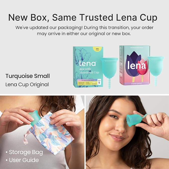 Lena Menstrual Cup Original - Soft Medical-Grade Silicone Period Cups for Women Light and Medium Flow, Reusable 12-Hour Leak-Free Comfort, Beginner-Friendly Feminine Care - Small, Turquoise