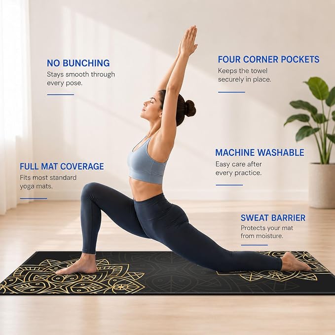 Yoga Mat Towel, Hot Yoga Non Slip with 4 Corner Pockets, 74 x 26 in | Soft Absorbent Microfiber With Four Corner Pockets, Fits Over Yoga Mats For Hot Yoga, Pilates, Gym, And Travel