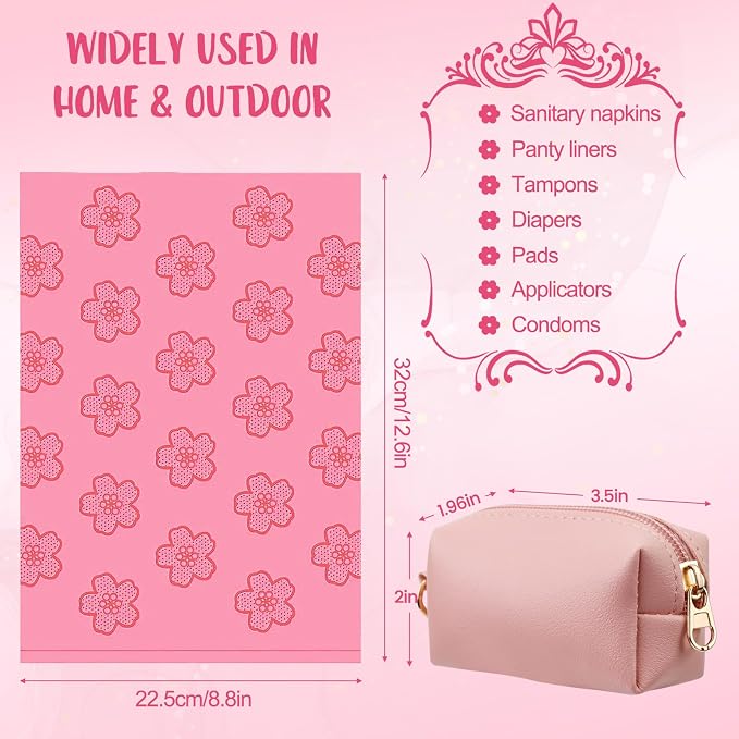 Portable Sanitary Napkin Disposal Bags Sakura Scented with Pink Bag Dispenser 0.5 Gallon Fits Tampons, Sanitary Napkins, Diapers 165 pcs