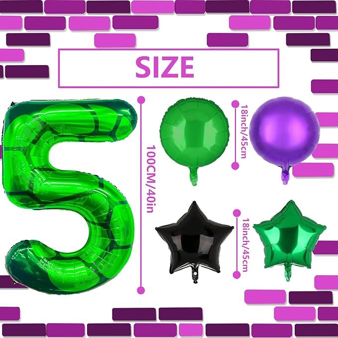 5Pcs Cartoon Turtle Theme Birthday Decorations 40 Inch Number 5 Foil Balloons Super Green Turtle Themed Hero Large Mylar 5th Number Balloon Video Game Pizza Balloons Party Favors Purple