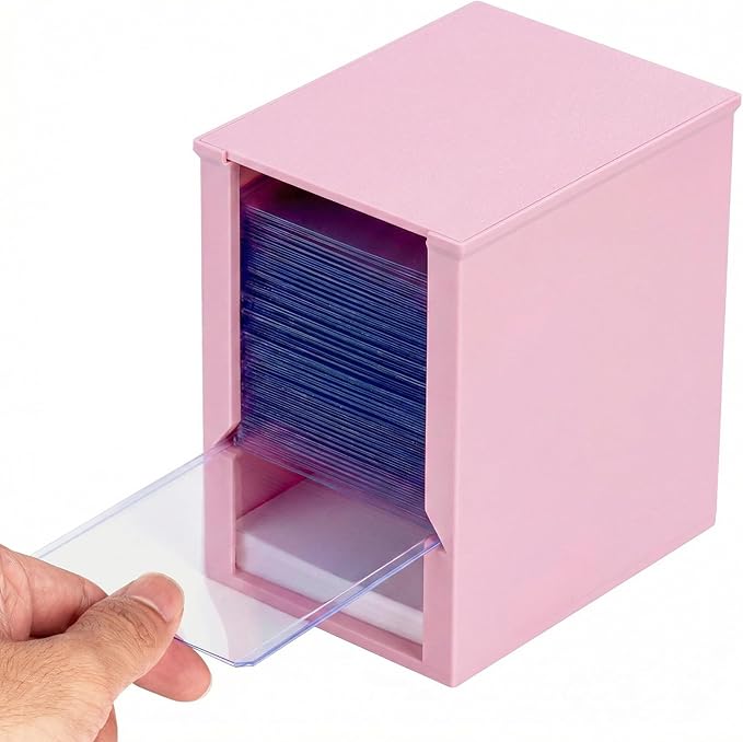 Toploader Dispenser & Penny Sleeve Holder - Dual Compartment Holds 250 Penny Sleeves & up to 50 Top Loaders, Stackable Card Storage Box with Dustproof Lid (Pink)