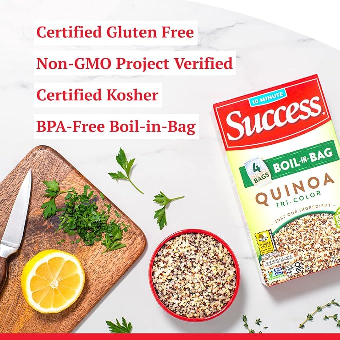Success Boil-in-Bag Quinoa, Tri-Color Quinoa, 12-Ounce Box, Pack of 1 | Quick quinoa bag for easy meals, stovetop or microwave, ready in 10 minutes, gluten-free, kosher, non-GMO