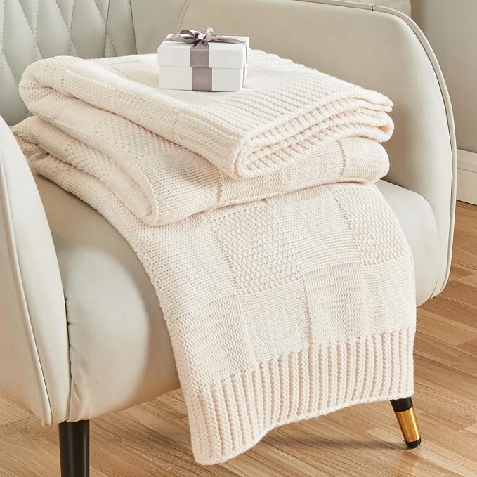 CozeCube Cream White Knitted Checkered Throw Blanket 60"X80" | Check Knit Throw for Couch, Decorative Christmas Soft Cozy Warm Blanket for Bed Sofa Living Room
