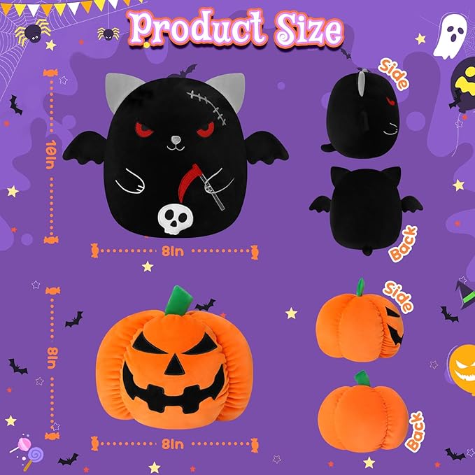 Halloween Reversible Pumpkin Plush, Soft Black Cat Stuffed Animal with Bat Wings and Skull, Halloween Plush Gift Home Decor for Boys Girls 10 Inch