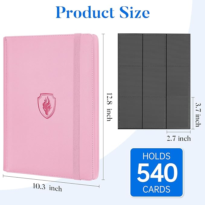 Premium 9 Pocket Card Binder for 540 Cards, Fabmaker PU Cover Trading Card Binder, Sturdy Card Collection Album, Sleek Card Holder Folders for Game Cards & Sports Cards, Pink