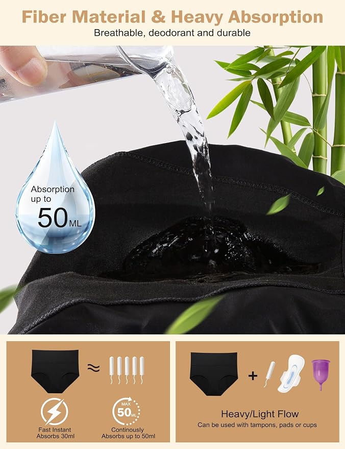 ECO PERIOD Heavy Flow Period Underwear for Women Leakproof Period Panties | Menstrual Underwear for Teen, All-Day Long - Overnight Protection, Women's Postpartum High Waist Brief, Absorb up to 50ML
