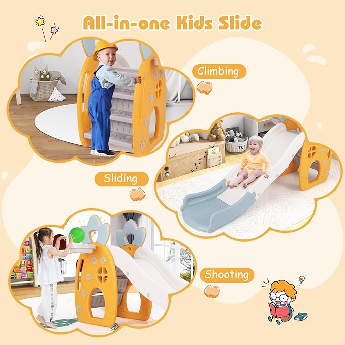 BABY JOY Toddler Slide, 3 in 1 Freestanding Foldable Kids Slide with Climber, Basketball Hoop & Ball, Buffer Zone & Safety Handrails, Indoor Pineapple Theme Play Slide for Kids, Boys & Girls
