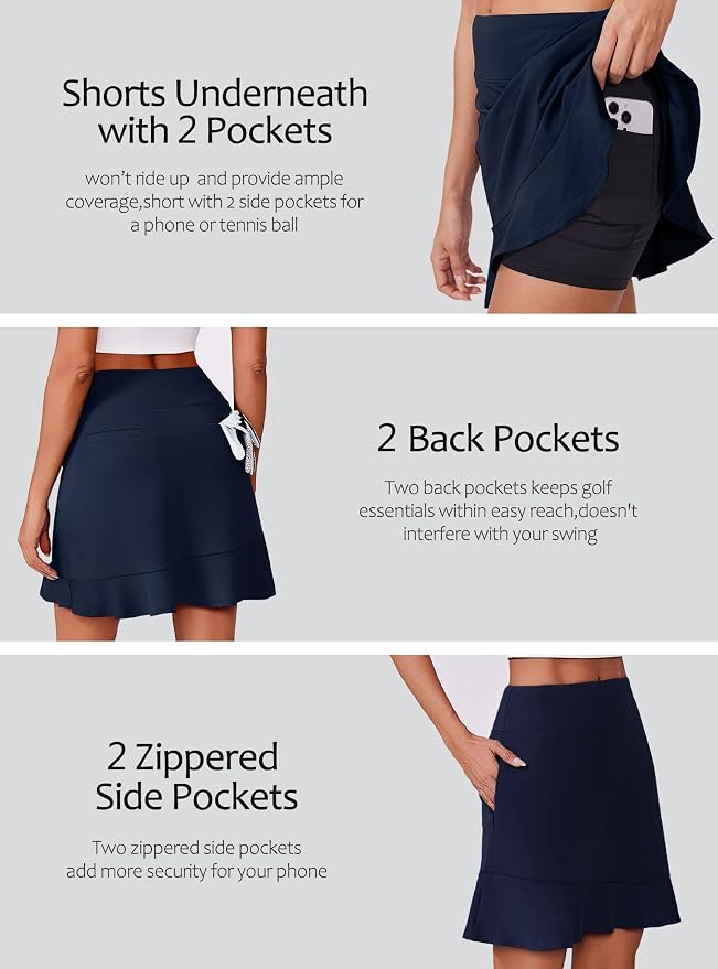 PINSPARK 18" Golf Skorts for Women with 6 Pockets Ruffle Athletic Skort | Above the Knee,High Waist,UPF 50+,4-way Stretch,Lightweight,Ruffle Hem,Tennis,Casual,Work,Pickleball