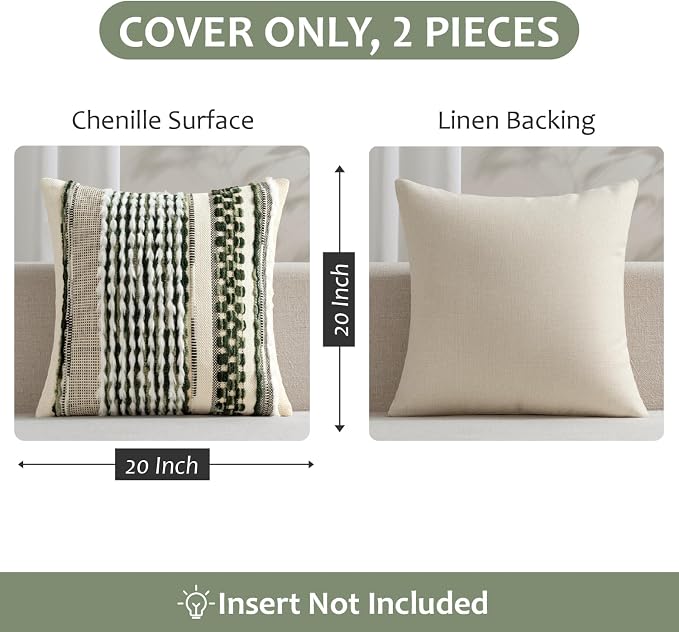 ANRODUO Boho Decorative Pillow Covers Plush Olive Green 20x20 Pack of 2 | Throw Pillow Covers, Soft Plush Tufted Farmhouse Cushion Case, Pillow Covers, Accent Neutral Pillowcase for Sofa Couch Bed