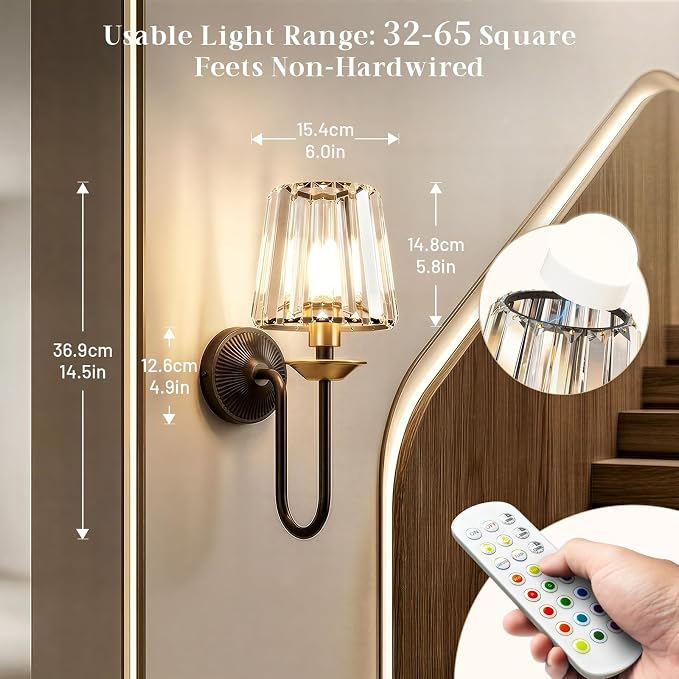 Black and Gold Battery Operated Wall Sconces Set of Two, Crystal Wireless Rechargeable Wall Lights with Remote, Dimmable 3 CCT and 12 RGB Cordless Wall Lamps for Bedroom Living Room Decor