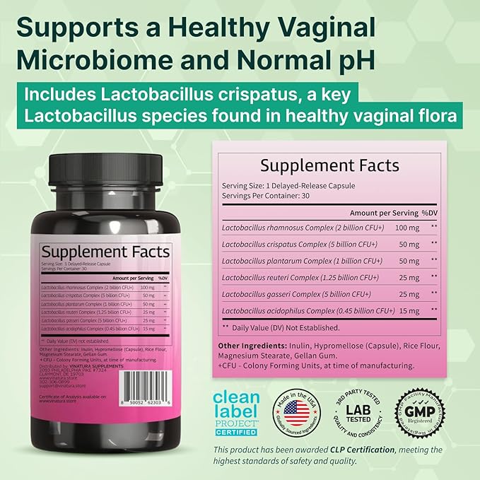 VINATURA Lactobacillus Rhamnosus, Reuteri, Gasseri, Plantarum, Crispatus, Acidophilus Probiotics - Probiotics for Women, Women Vaginal Health, Gut and Digestive Health - 30 Capsules