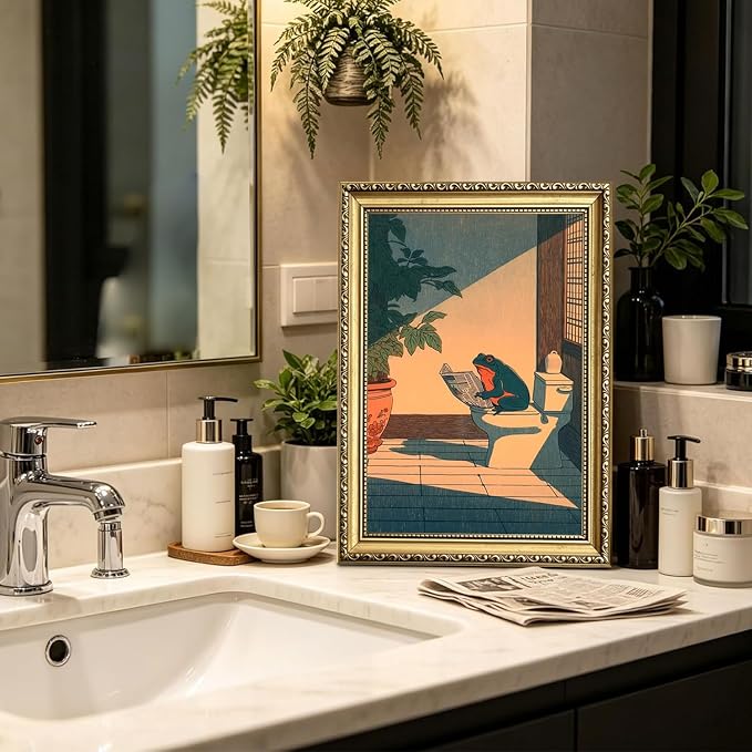 Funny Frog Bathroom Wall Art, Cute Japanese Frog in Toilet Wall Decor, Whimsical Green Animal Restroom Poster Canvas Painting Prints Artwork 12x16 inch Gold Framed