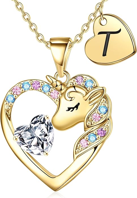 Unicorn Necklace Gifts for Girls Kids - Colorful CZ Heart Initial Necklaces Unicorn Necklace for Girls Jewelry Birthday Gifts for Little Girl Kids