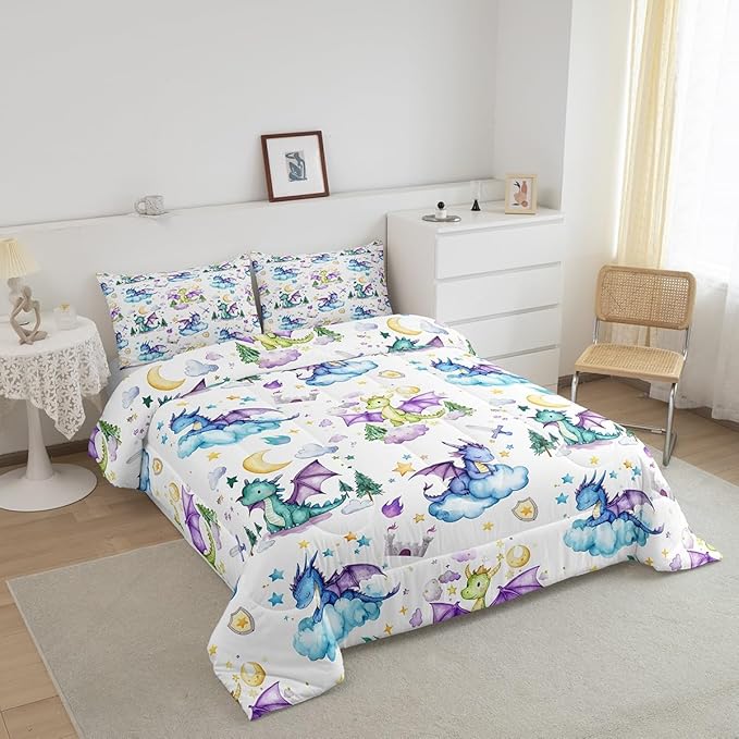 Feelyou Dragon Comforter Set Full Size Cute Comforter for Boys Girls Teens Kawaii Bedding Set Dragon Stuff Duvet Set Room Decor White Quilt Set