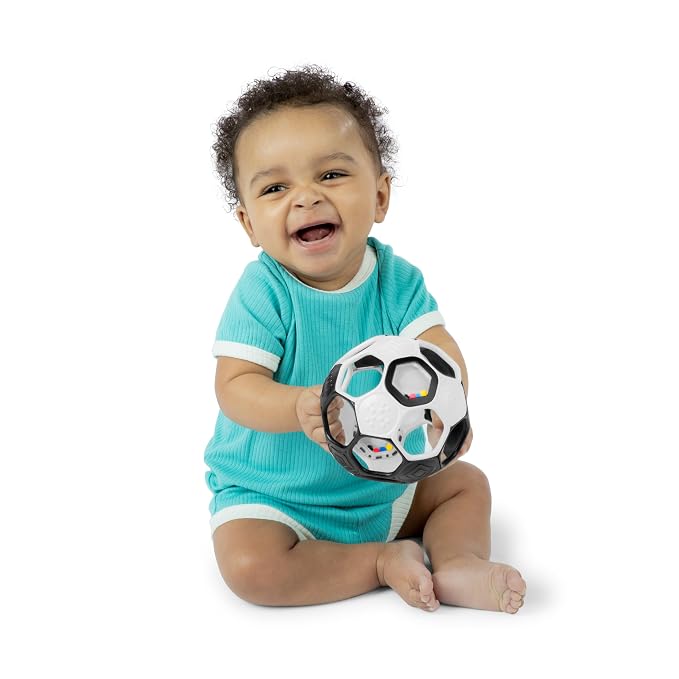 Bright Starts Oball Grippin' Goals Rattle Soccer Ball - Black & White, Easy-Grasp Toy for Newborn and Up (Pack of 2)